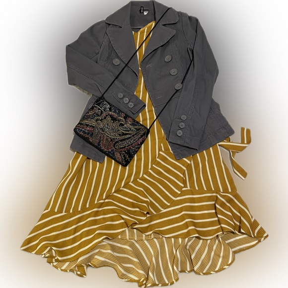 Blu Pepper Striped Mustard Faux Wrap Dress - Picture 3 of 7